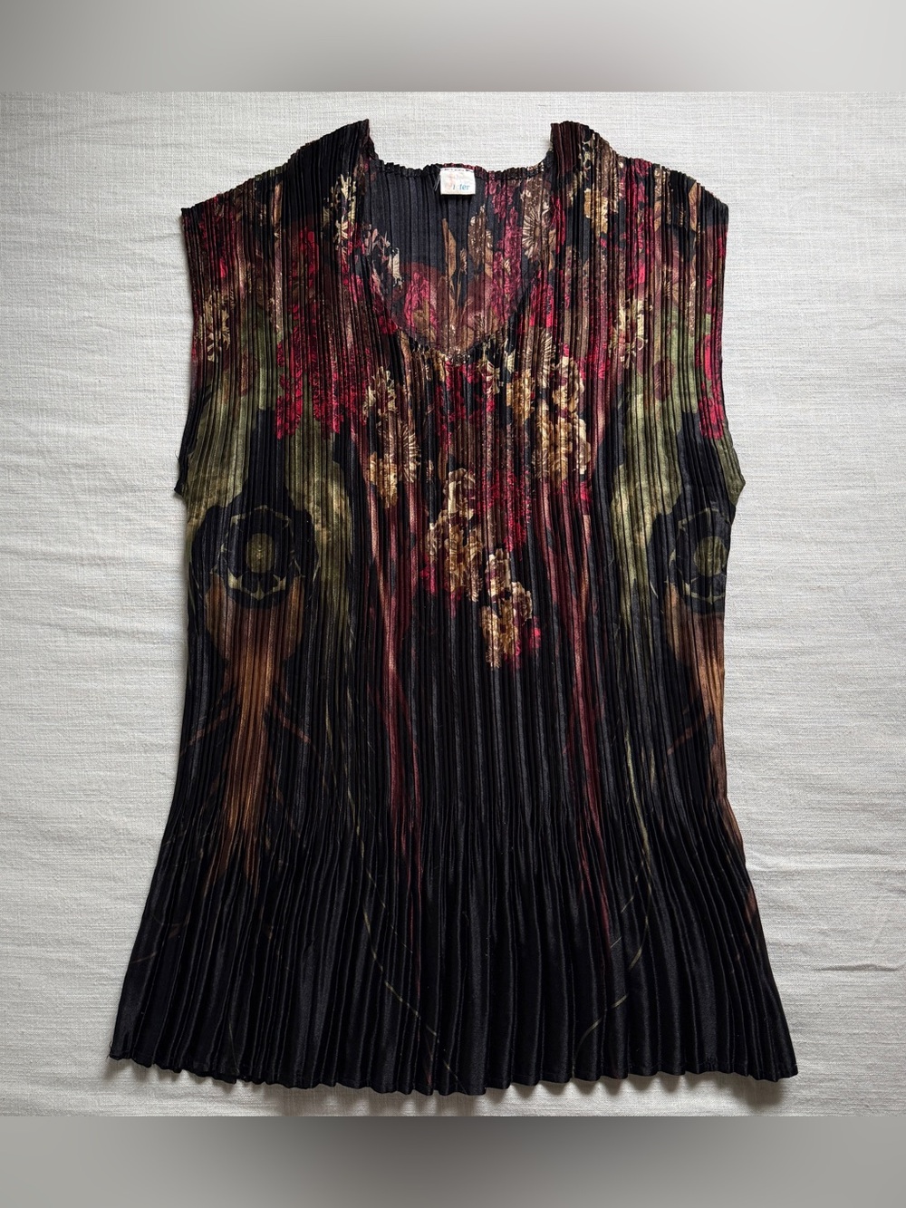 Vintage Pleated Floral Peplum Top Black Burgundy Olive Size M Autumn Colors